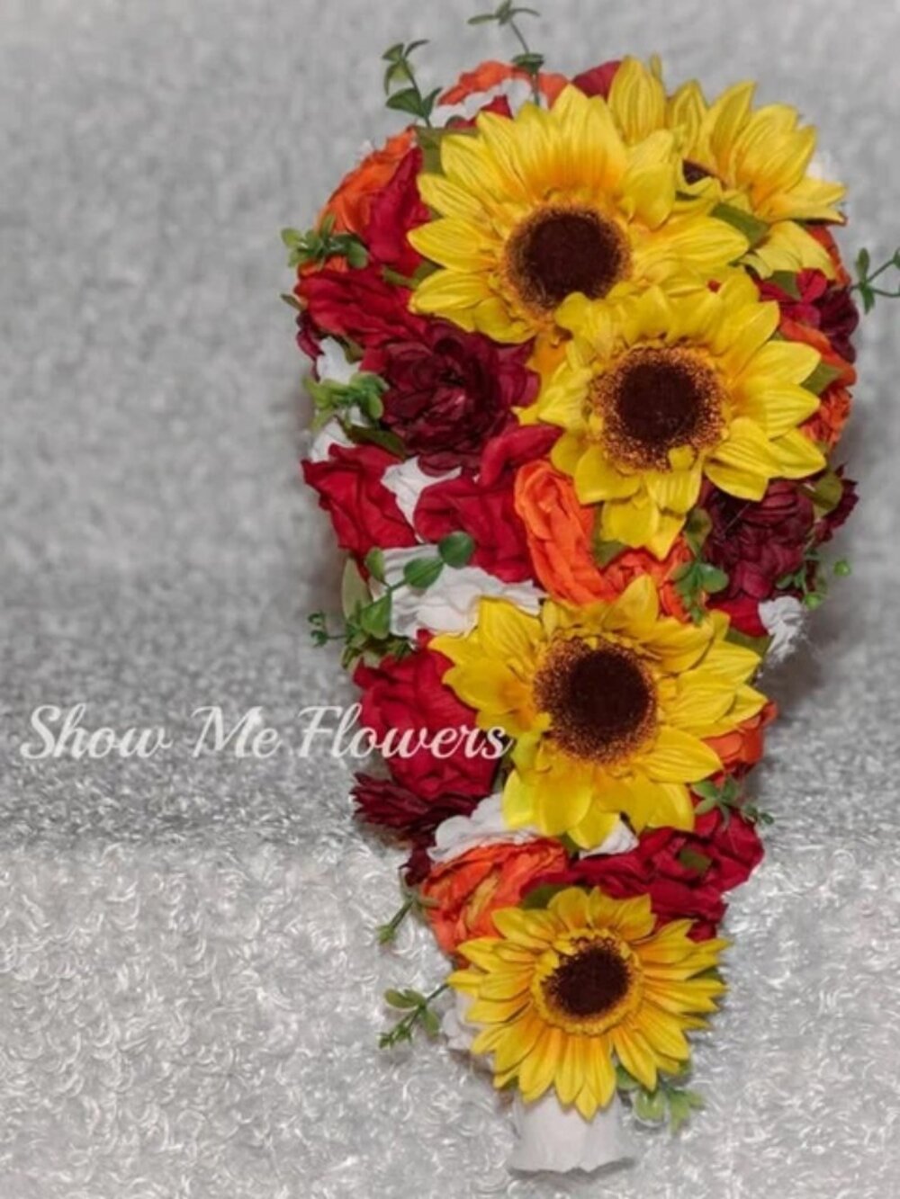 Cascade Bride Wedding Bouquet Fall Autumn Burgundy Orange Sunflower Red White